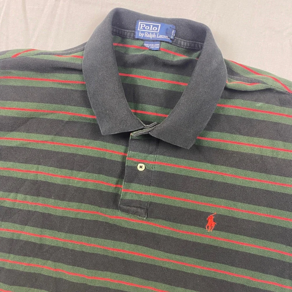 Polo Ralph Lauren XXL Striped Polo Shirt Blue Tag Green Gray Red Pony Vintage